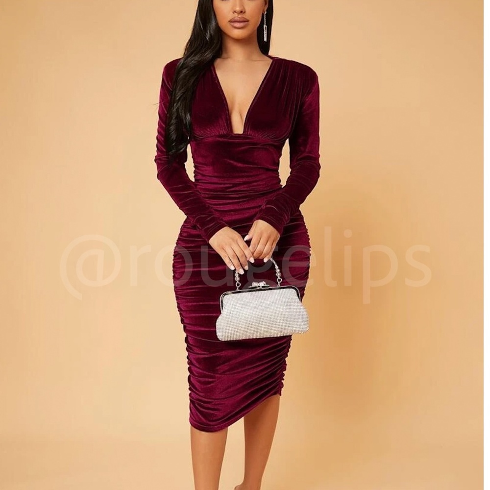 Deep V Neck Ruched Velvet Burgundy Long Sleeve Midi Dress  Padded Shoulder